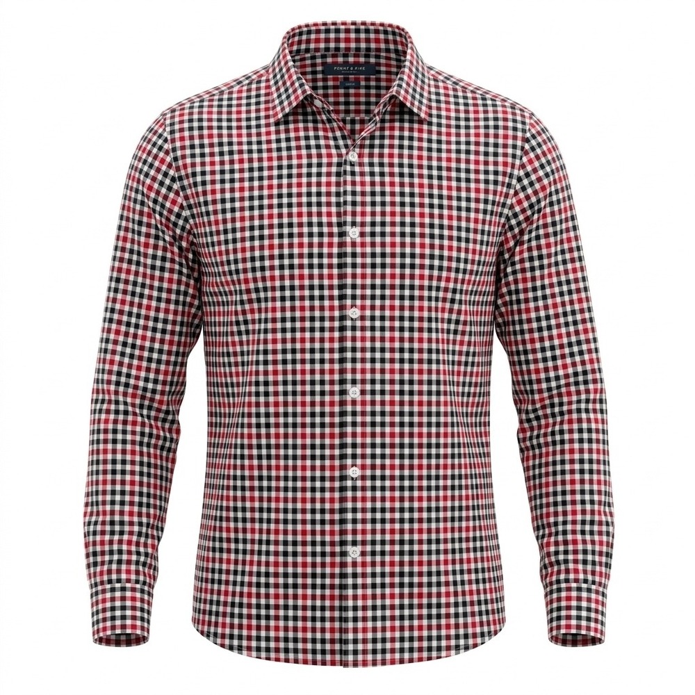 Perry Ellis Mens Slim Fit Gingham Button Down Shirt Red Black White Size L